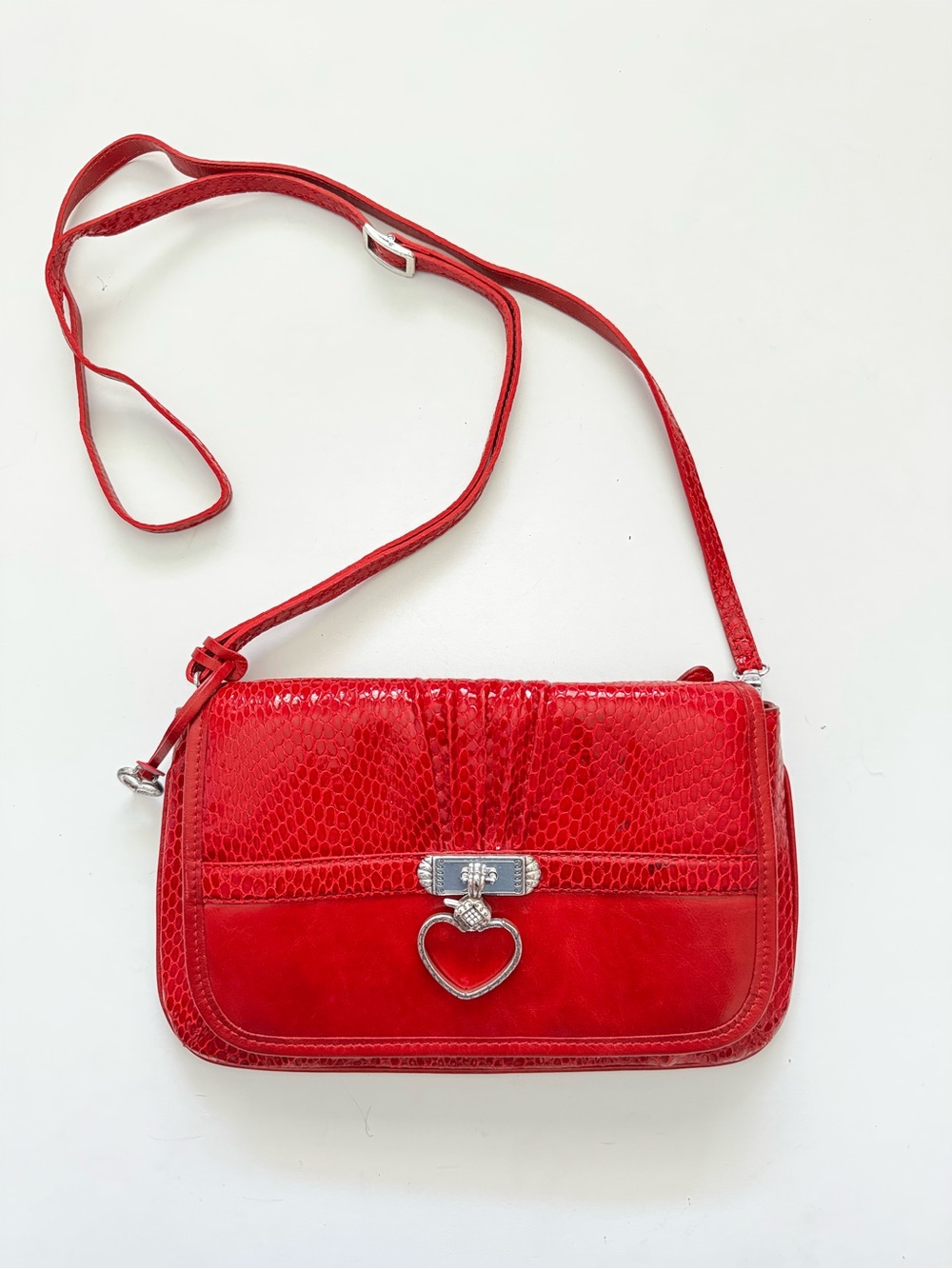 Brighton Red Heart Accent Snakeskin Leather Crossbody Bag